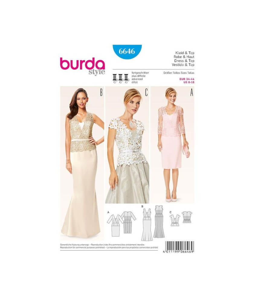 Patron Burda 6646 Robe & Haut du 34 au 44