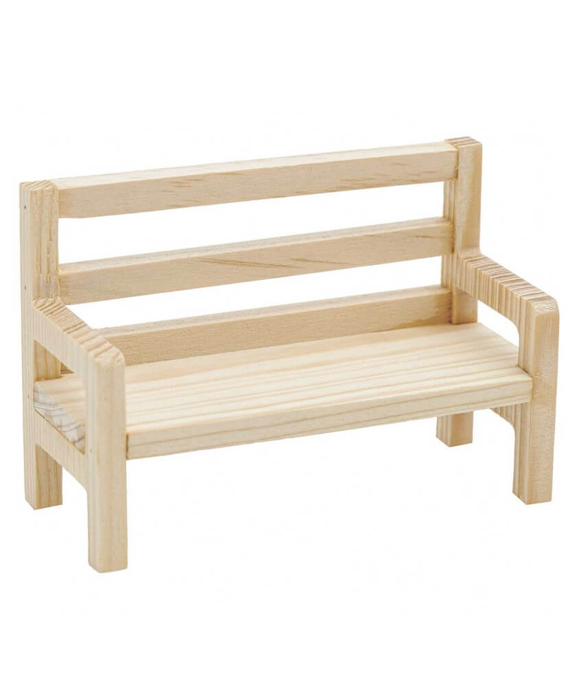 Banc en bois miniature mesurant 4.5cmx12cmx8 cm environ et appartenant à la gamme Monde des lutins de la marque Rico Design